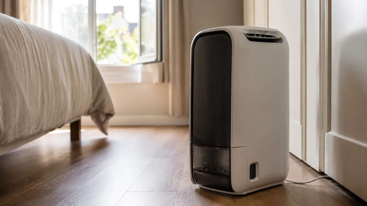 Deshumidificador funcionando en una habitación para prevenir humedad