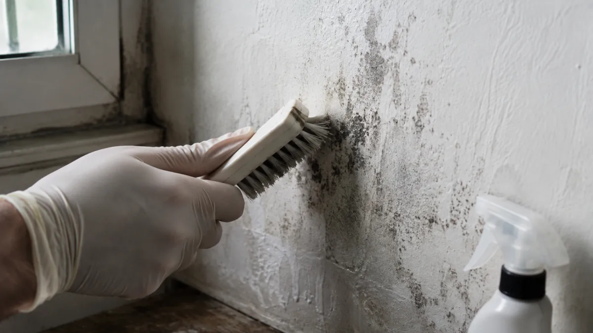 Eliminación de moho de una pared con spray antifúngico y cepillo
