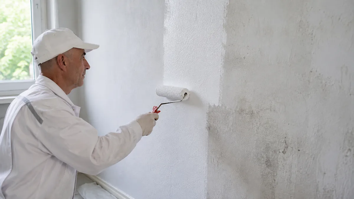 Aplicación de pintura antihumedad sobre una pared con rodillo