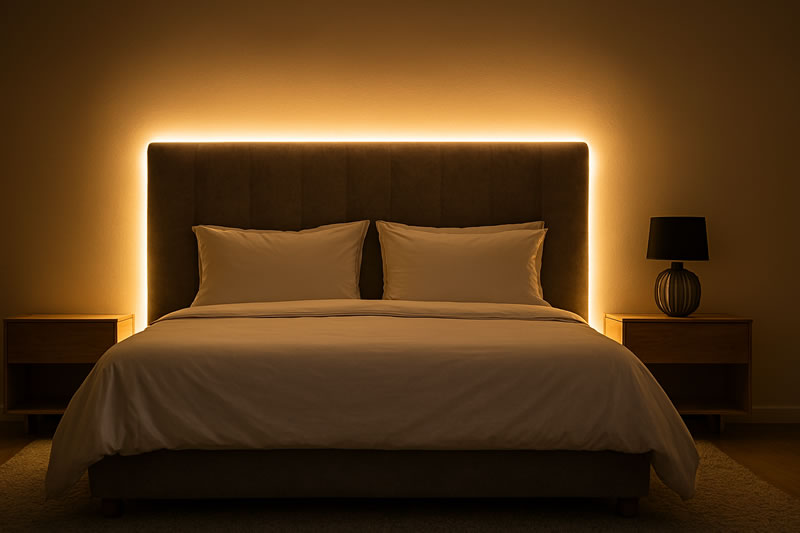 Cabecero de cama con iluminación LED indirecta creando un halo de luz