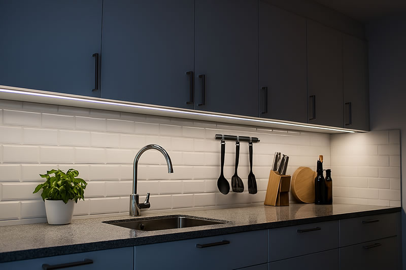 Iluminación LED instalada bajo los muebles de una cocina, iluminando la encimera