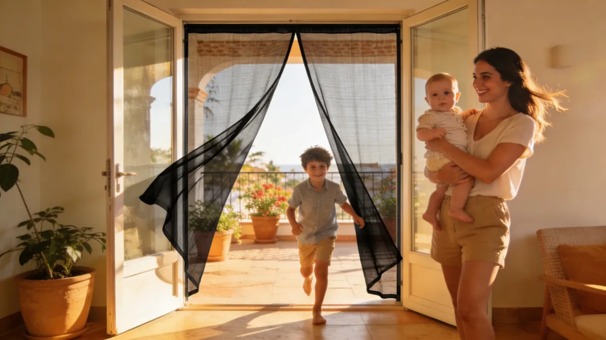 Mosquitera magnética instalada en la puerta de un balcón, lista para el verano