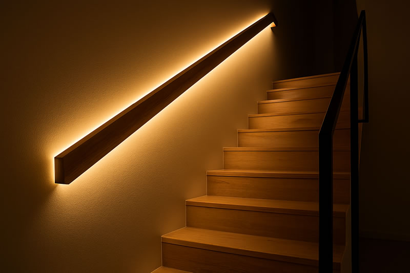 Pasamanos de escalera con iluminación LED integrada por seguridad y ambiente