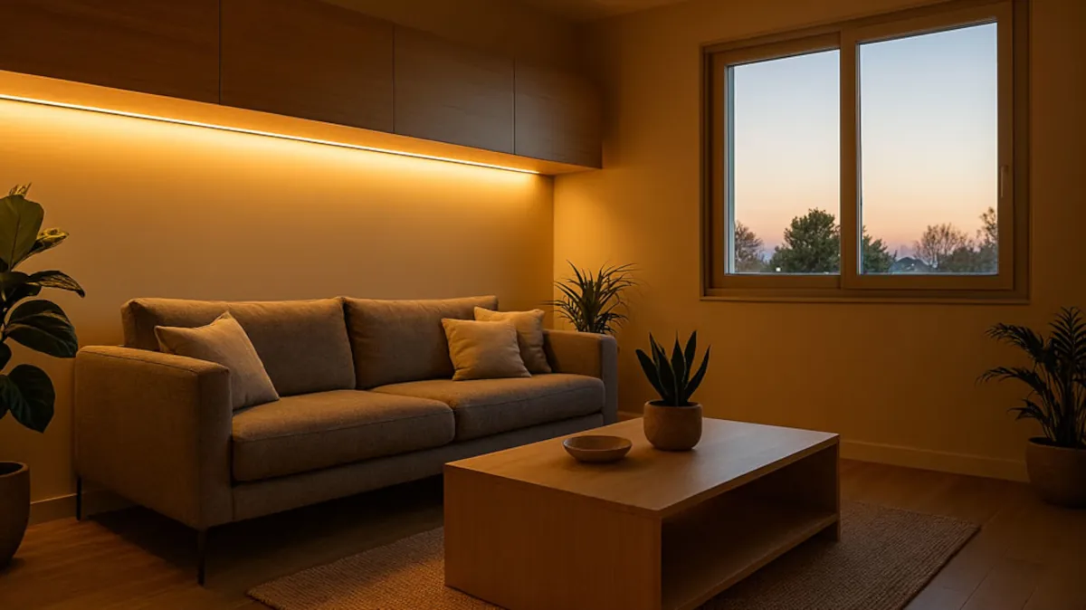 Salón con iluminación LED integrada en los muebles creando un ambiente acogedor