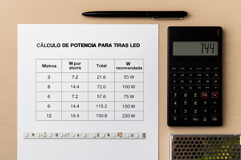 Tabla para calcular la potencia necesaria de una fuente de alimentación para tiras LED