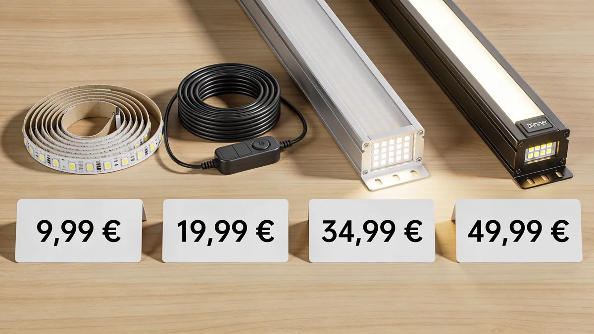 Tabla comparativa de tiras LED para cocina bajo armarios: HOVVIDA, WOBANE, BTF-LIGHTING y BENLUN