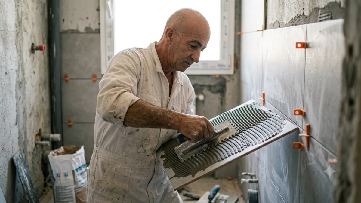 Albañil colocando baldosas y azulejos en un baño