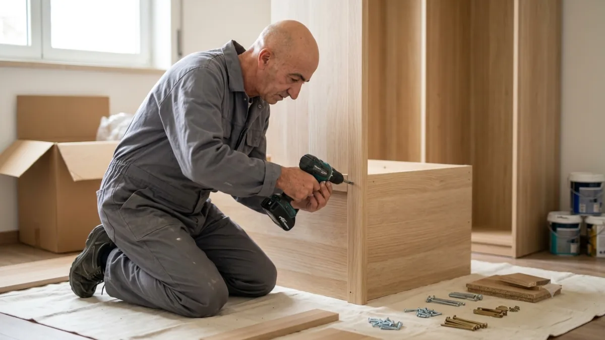 Carpintero montando un armario en una vivienda de León