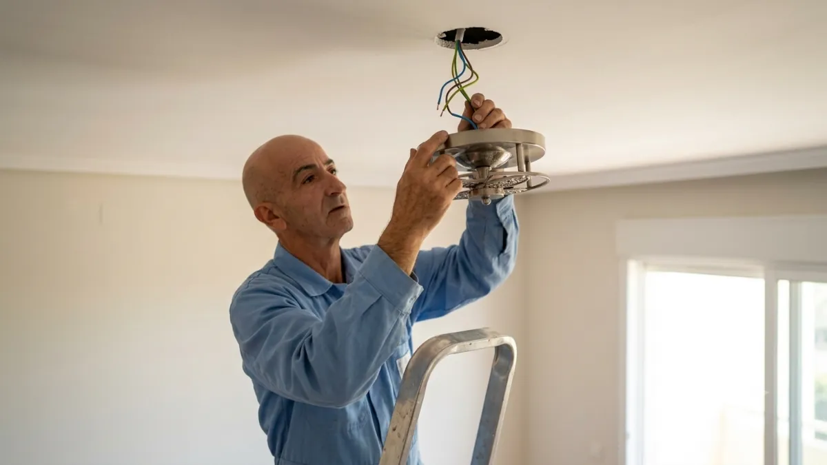 Electricista instalando una lámpara de techo