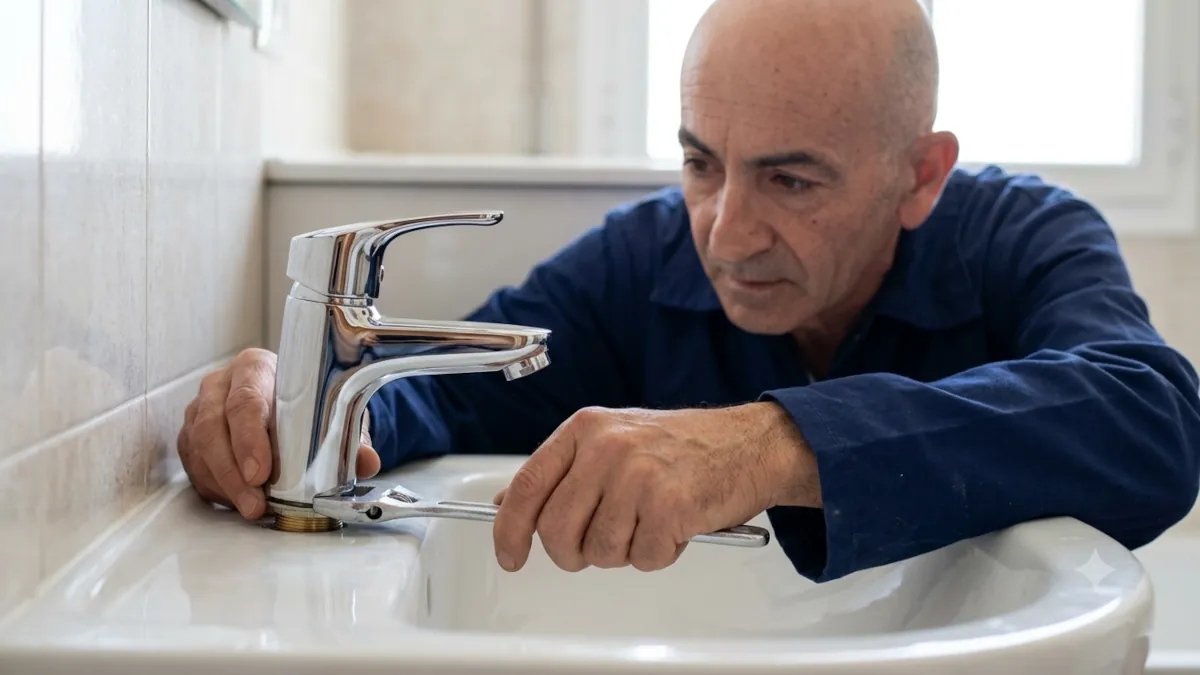 Fontanero instalando un grifo nuevo en un lavabo
