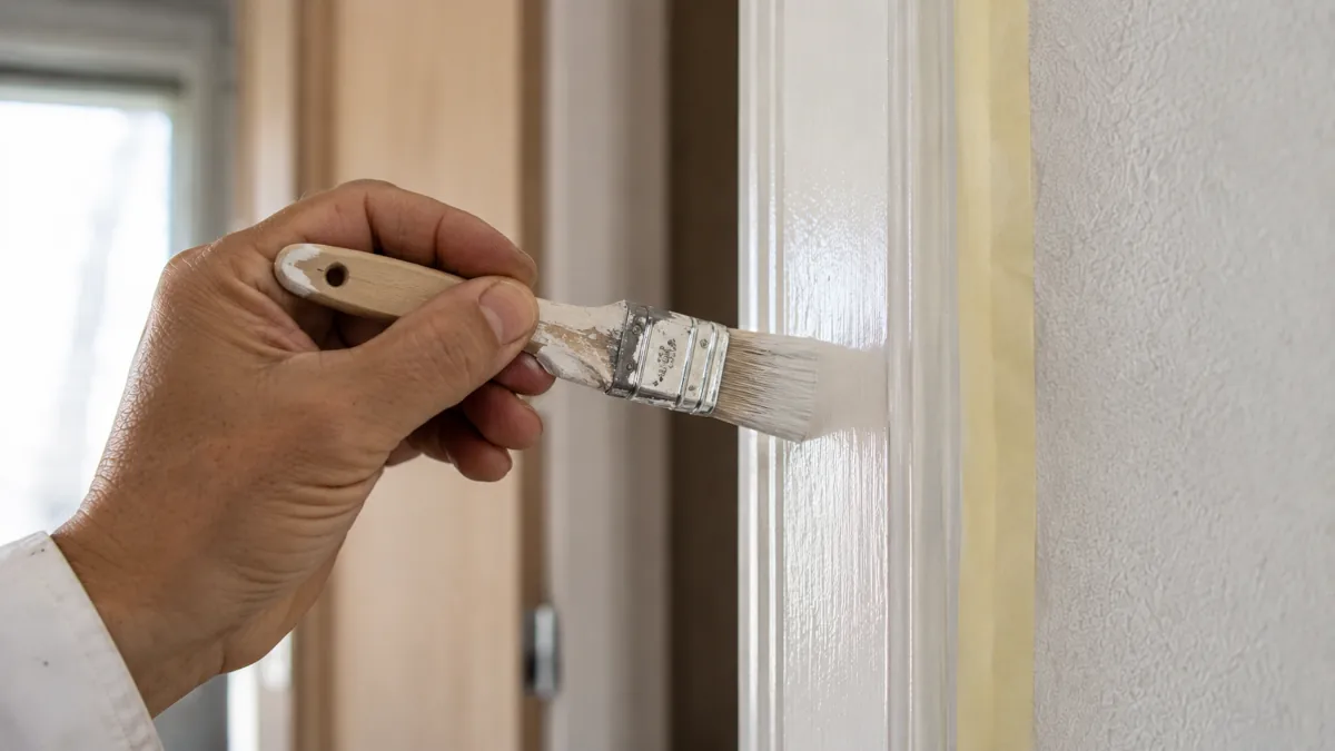 Pintor aplicando esmalte sobre una puerta