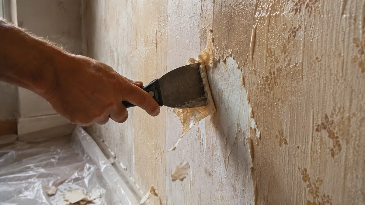 Raspado de papel pintado con espátula tras el remojado