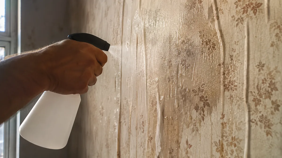 Aplicación de solución decapante con pulverizador sobre papel pintado